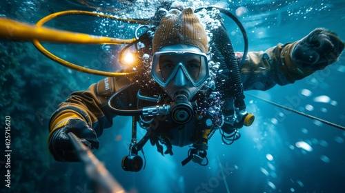 Engineer dives underwater to repair cables.