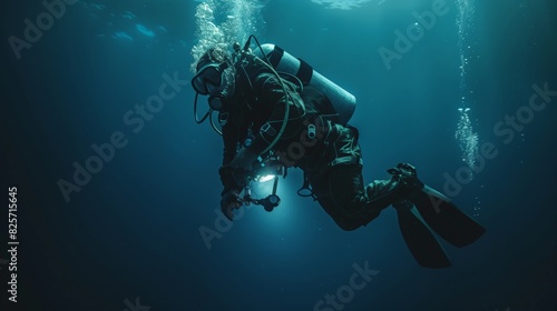 Engineer dives underwater to repair cables.