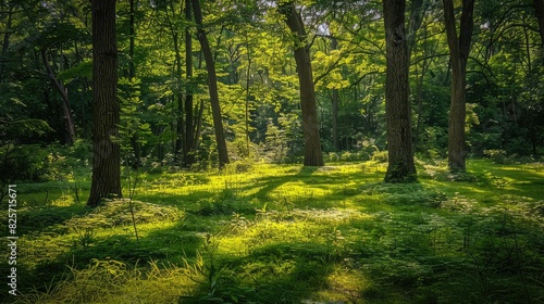 A secluded forest glade with dappled sunlight streaming through the trees, inviting quiet contemplation.