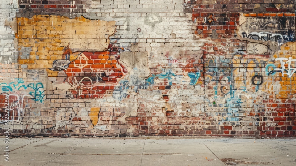 Fototapeta premium A section of an old brick wall with graffiti art, blending history with modern urban culture.