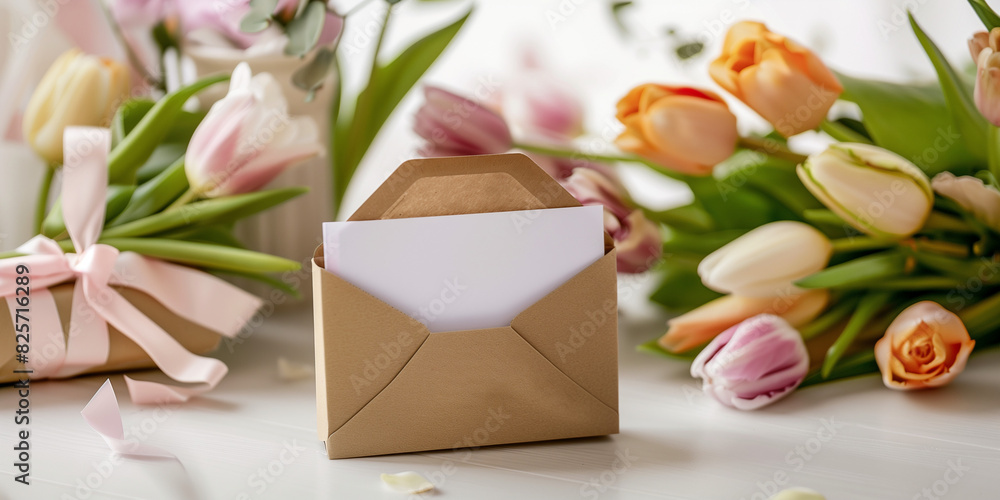 white table with a gift envelope on it, and a white sheet of paper half peeking out of it, spring flowers white table with a gift envelope on it, and a white sheet of paper half peeking out of it, spring flowers