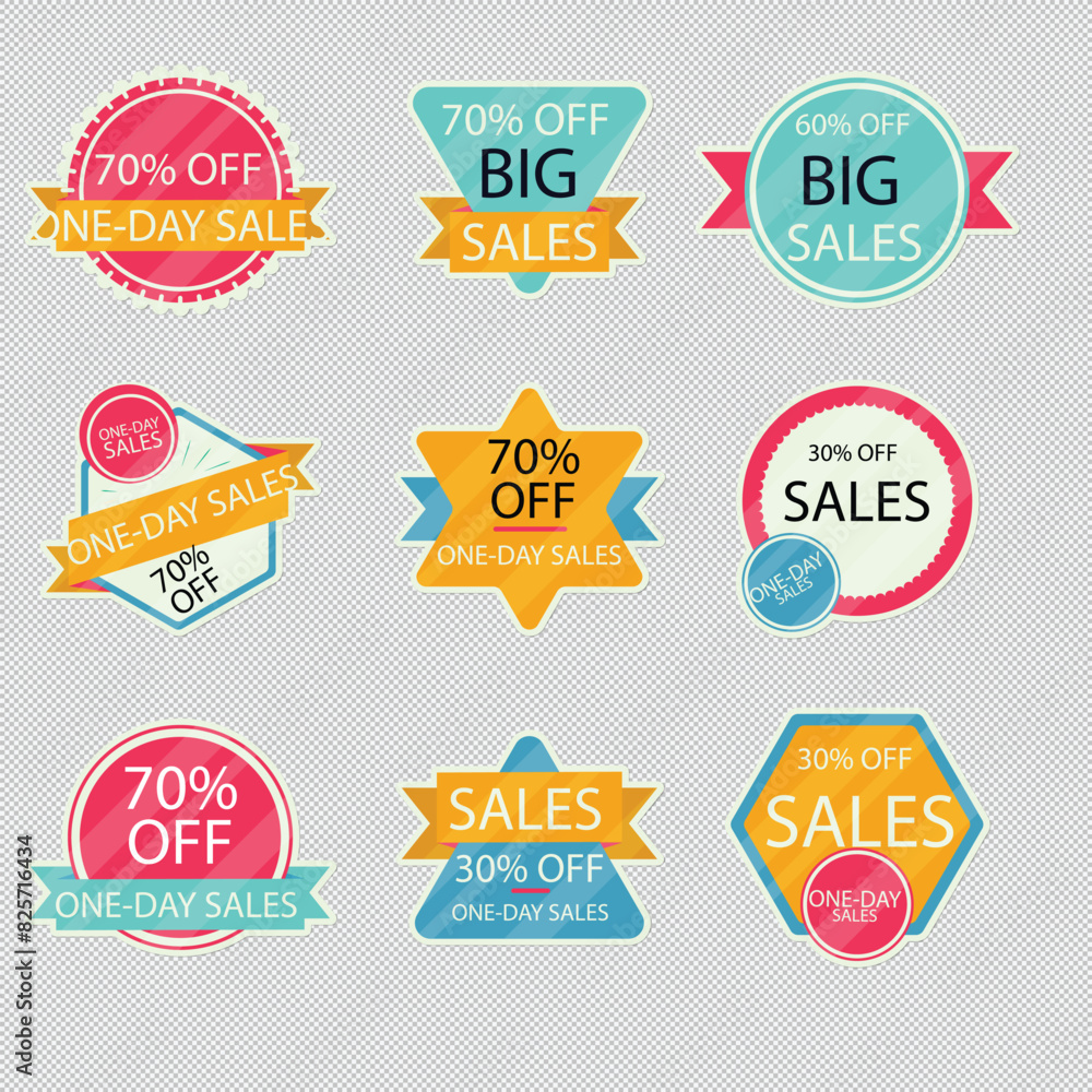 Set of vector red starburst, sunburst badges. Simple flat style vintage labels, stickers with sale discount text. Sale quality tags and labels. Template banner shopping badges Set of vector red starburst, sunburst badges. Simple flat style vintage labels, stickers with sale discount text. Sale quality tags and labels. Template banner shopping badges