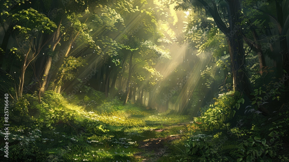 A serene forest glen with sunlight filtering through the trees, illuminating the lush greenery and tranquil atmosphere.