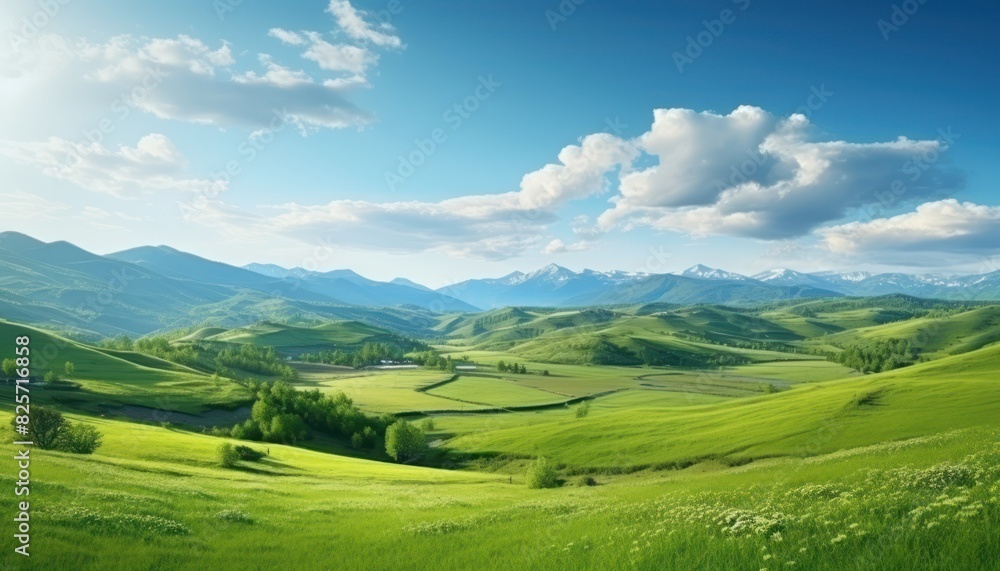 A stunning spring day landscaping views of fertile land surrounded beautiful green vegetation, wide stretches of hills and mountains with clear skies in spring A stunning spring day landscaping views of fertile land surrounded beautiful green vegetation, wide stretches of hills and mountains with clear skies in spring