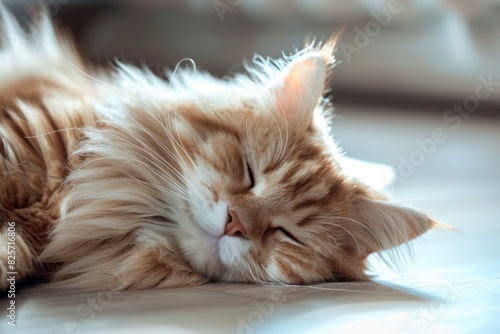 Portrait of a siberian cat with green eyes sleeping on the floor at home. Fluffy purebred straight-eared long hair kitty. Copy space, close up, background. Adorable domestic pet concep - generative ai