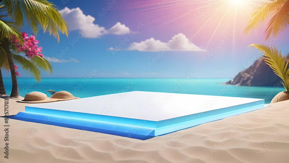 Obraz premium Summer with hologram light background and blank for placing product