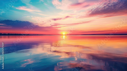 A serene sunset over a calm lake  with vibrant colors reflecting off the water and creating a tranquil atmosphere.