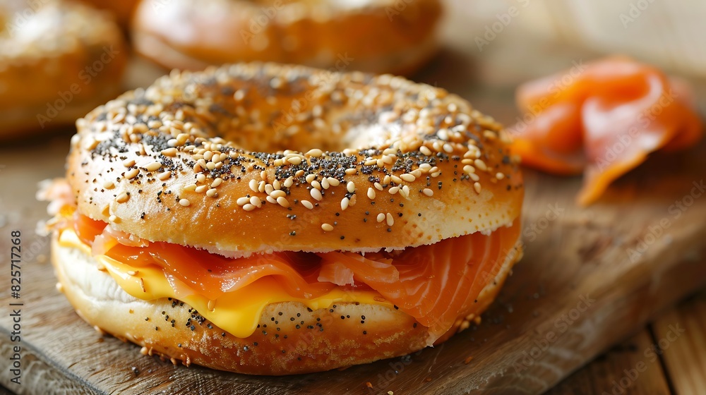 High angle seeds bagel cheese cream smoked salmon High angle seeds bagel cheese cream smoked salmon