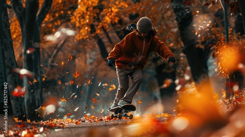 A skateboarder cruising down a hill, surrounded by autumn foliage.