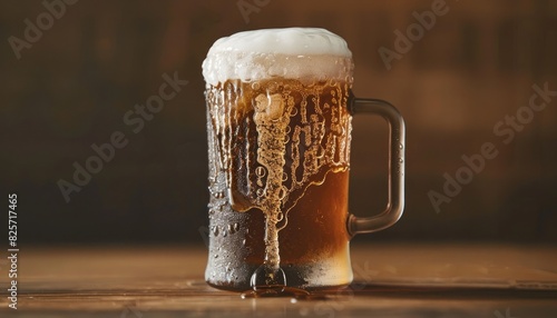 A frosty mug of root beer, condensation tracing delicate patterns down its sides like miniature waterfalls.