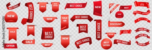 Giveaway tags or labels for social media post. Red announcement 3d banners giveaway contest ribbons.
