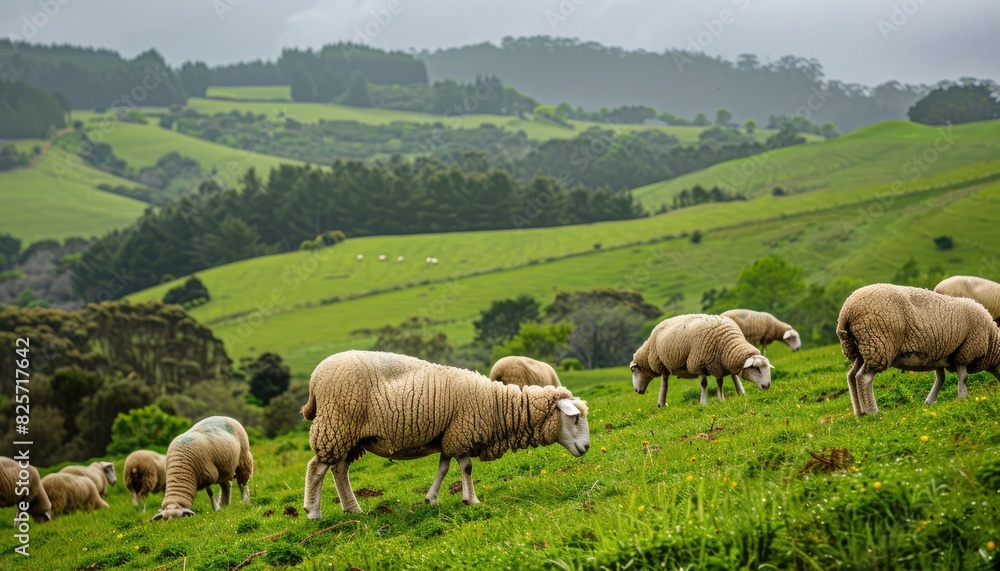 A flock of sheep grazing on a lush hillside, their woolly coats blending seamlessly with the verdant landscape. A flock of sheep grazing on a lush hillside, their woolly coats blending seamlessly with the verdant landscape.