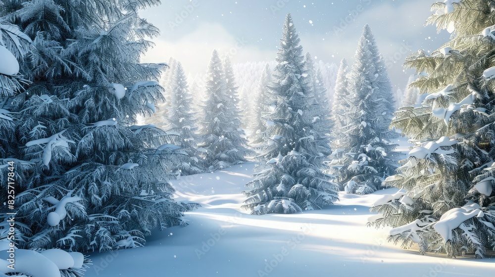 Obraz premium A snowy landscape with evergreen trees, evoking the serene beauty of the winter season.