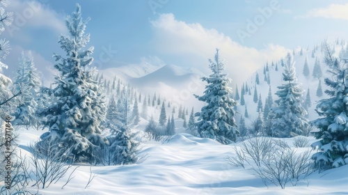 A snowy landscape with evergreen trees, evoking the serene beauty of the winter season. © buraratn