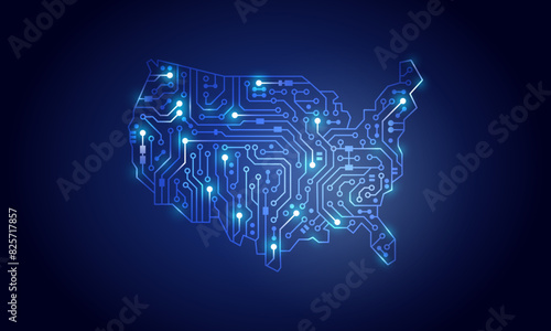 Circuit chip board technology USA map neon shape concept background. Vector illustration.