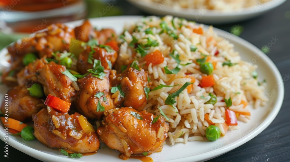 Chicken and chutney served with fried rice Chicken and chutney served with fried rice