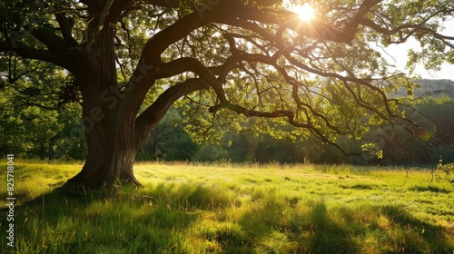 A sprawling tree with a thick trunk in a sunlit meadow  casting a large shadow on the grass.