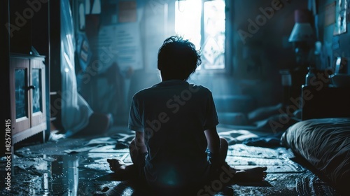 A teenager sitting alone in a dark room, tears staining their cheeks, feeling lost and helpless. photo