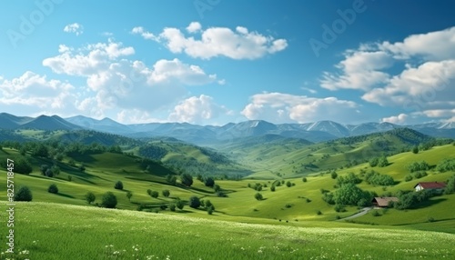 A stunning spring day landscaping views of fertile land surrounded beautiful green vegetation, wide stretches of hills and mountains with clear skies in spring