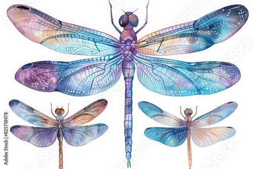 Set of water color of a dragonfly, with wings that shimmer in the moonlight, in a mystical forest, Clipart isolated on white