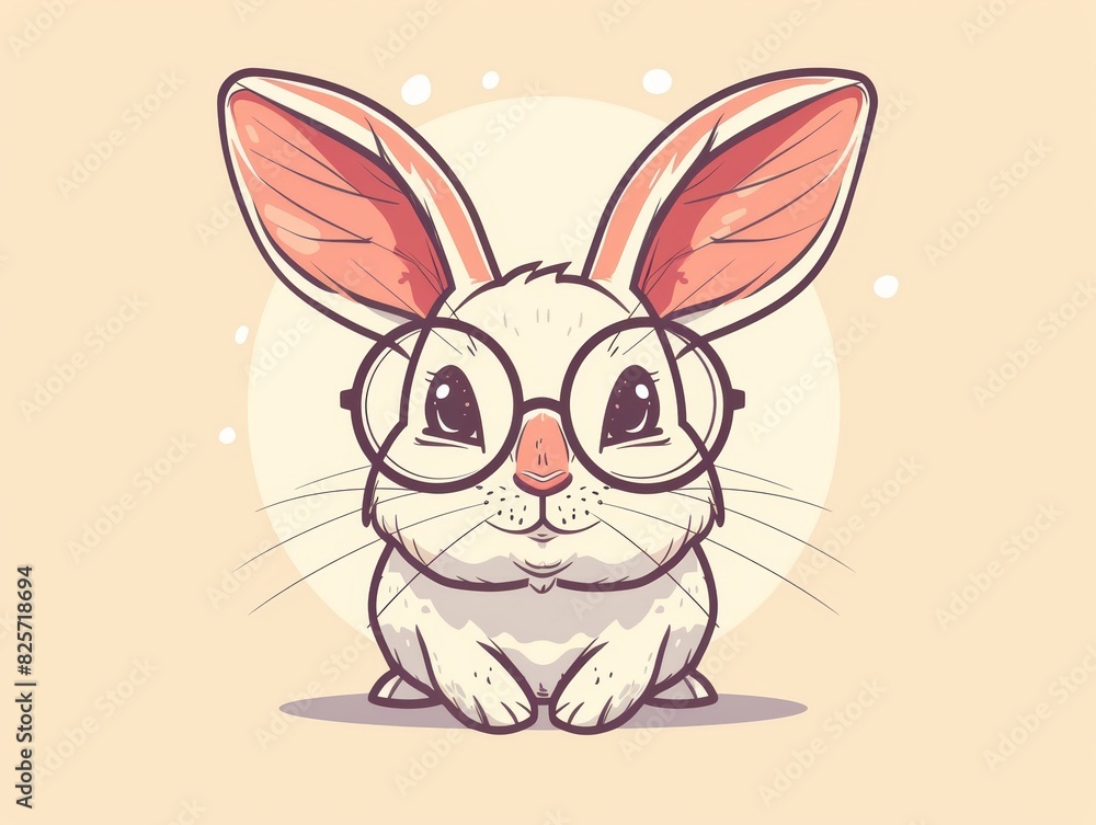 Cute white rabbit wearing glasses. The rabbit is sitting on light pink background. Cute white rabbit wearing glasses. The rabbit is sitting on light pink background.