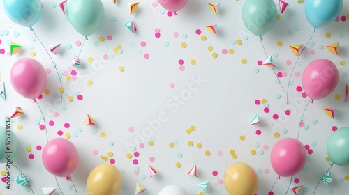  Balloon-Filled Wonderland with Elegant Circular Party Décor" White Background Balloon Display with Decorative Border Accents" Circular Border of Balloons and Bushes Framing Text Space" colorful hd 