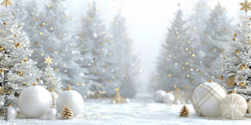 A white Christmas background features white trees and golden decorations, with space for holiday messages.