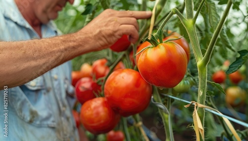 A farmer inspecting ripe tomatoes in a greenhouse, their vibrant red hues a testament to nature's abundance. Precision and care define every aspect of agricultural cultivation.