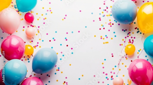  Balloon-Filled Wonderland with Elegant Circular Party D  cor  White Background Balloon Display with Decorative Border Accents   Circular Border of Balloons and Bushes Framing Text Space  colorful hd 