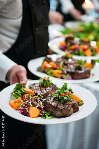 A professional chef is carrying white plates with juicy steaks and colorful salads  serving guests at an elegant wedding or business event.