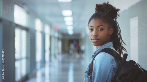 Smiling African-American Female Student with Backpack in School Corridor. 4K High-Definition Wallpaper