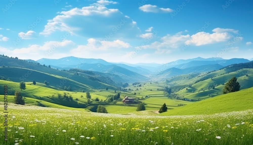 A stunning spring day landscaping views of fertile land surrounded beautiful green vegetation, wide stretches of hills and mountains with clear skies in spring A stunning spring day landscaping views of fertile land surrounded beautiful green vegetation, wide stretches of hills and mountains with clear skies in spring