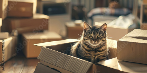 A cat is sitting in an empty cardboard box surrounded by moving boxes. photo