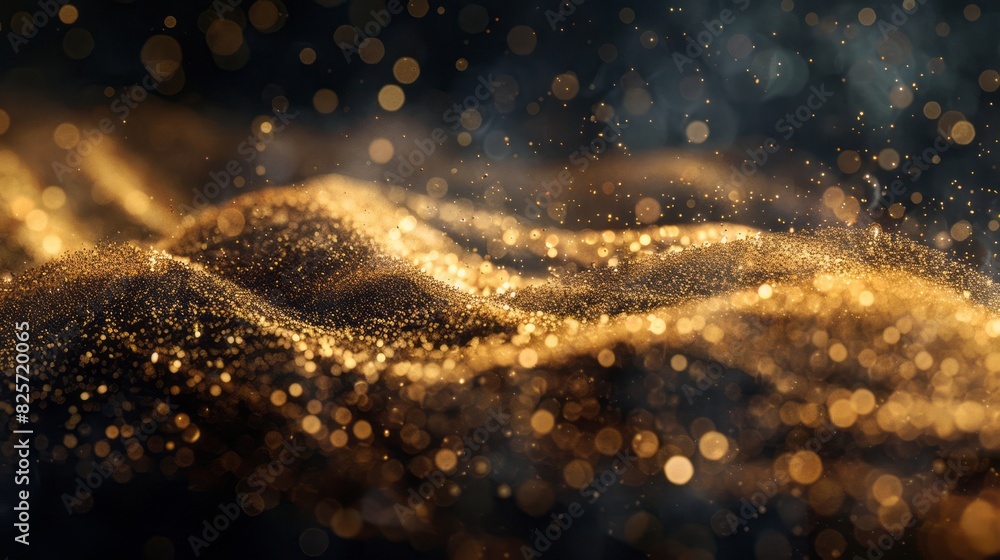 Golden dust forms wave shapes in the air against a dark background. Golden dust forms wave shapes in the air against a dark background.