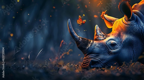Magical butterfly sitting horn rhino wildlife night