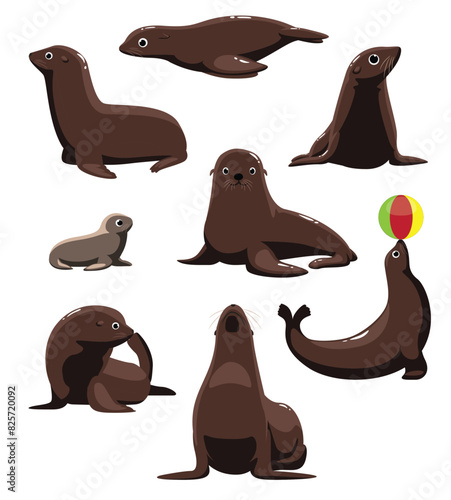 Seal California Sea Lion Poses Set Cartoon Vector