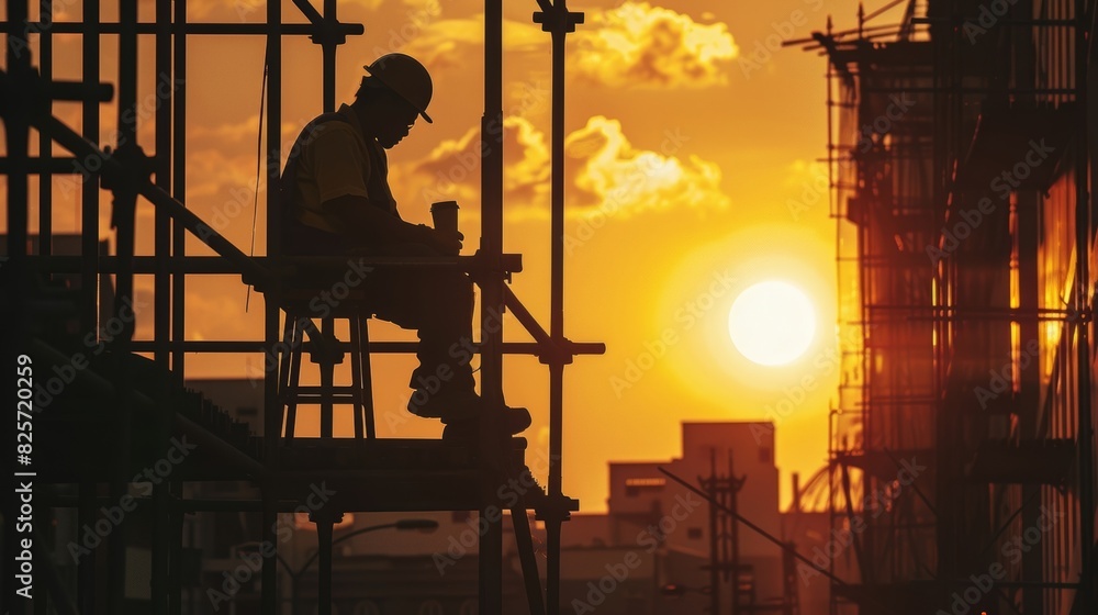 A worker sitting on a stool surrounded by scaffolding enjoying their coffee as the sun sets in the background.
