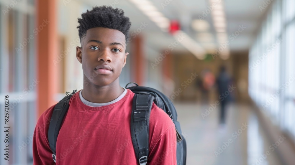 Fototapeta premium Confident African American Male Student Standing in School Hallway with Backpack. 4K HD Wallpaper with AI-generated Background