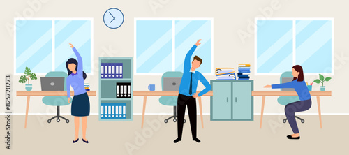 Group office employee workout in flat design. Company staffs doing exercise characters. Workers health and wellbeing care. Break from work, Stress relief.
