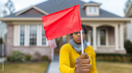 Person holding a red flag in front of a suburban house, signaling a warning or alert, with a blurred background emphasizing the focus on the flag.