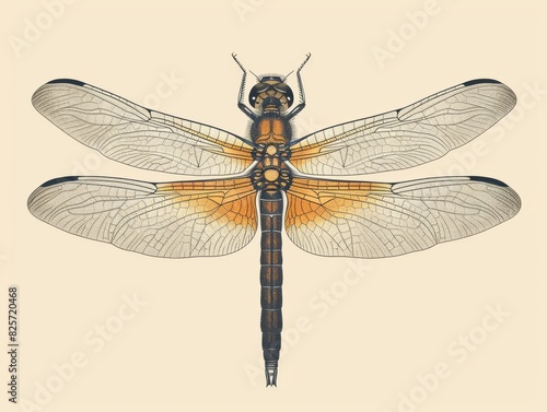 A detailed illustration of a dragonfly with transparent wings and an orange abdomen