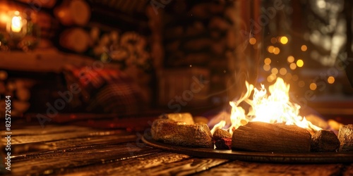 A cozy cabin interior with bokeh fireplace flames flickering in the hearth.
