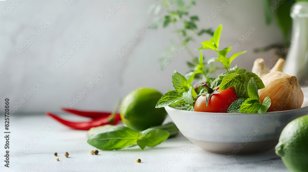 Thai herb in a bowl with lime, red chili, and tomato. curry paste of Thailand Thai herb in a bowl with lime, red chili, and tomato. curry paste of Thailand