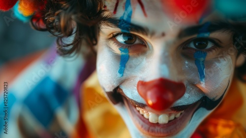 Enchanting Smiling Young Man Dressed as Clown Poses for Camera. 4K HD Wallpaper with AI-generated Background.