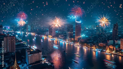 Colorful Fireworks Light Up Bangkoks Chao Phraya River and Skyline at Night photo
