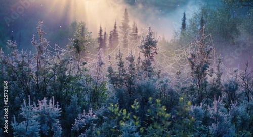 Abundance of Spiderwebs on Shrubs at Dawn along McCarthy Road in Wrangell-St. Elias National Park, Alaska photo