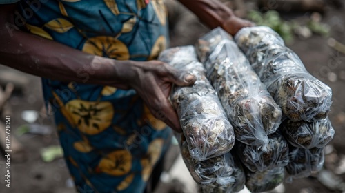 A person wraps and seals a bundle of briquettes with plastic ready to be sold and used for fuel. photo