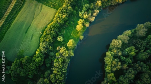 Fototapeta Naklejka Na Ścianę i Meble -  Aerial Landscape of Green River in Poland, European Natural View