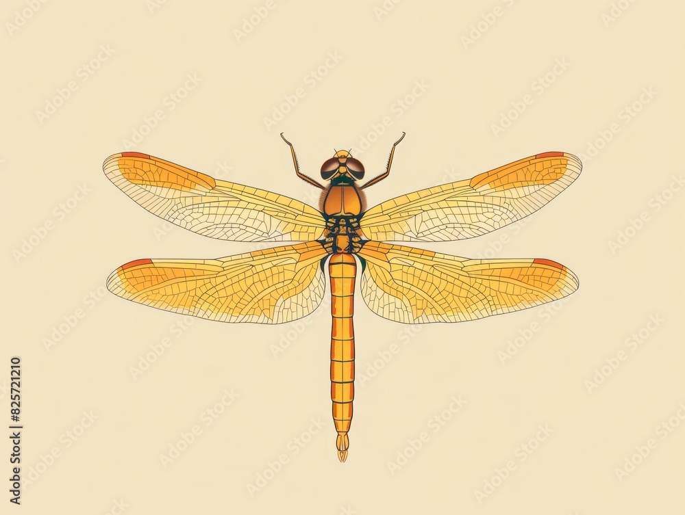 A detailed illustration of a yellow dragonfly with outstretched wings on a cream background. A detailed illustration of a yellow dragonfly with outstretched wings on a cream background.