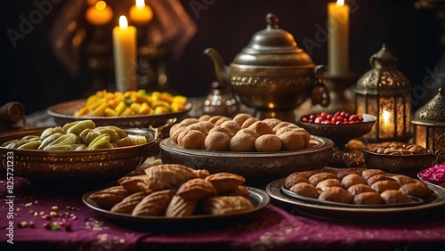 Various Foods on the Table in Eid Celebration for Eid festivals background. Eid al-Adha.